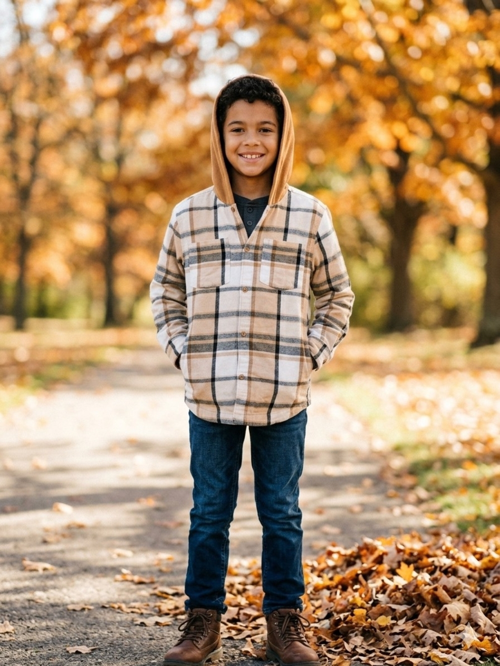 Cat & Jack Tan and Black Plaid Hooded Button-Up Shirt • Size L(10/12)